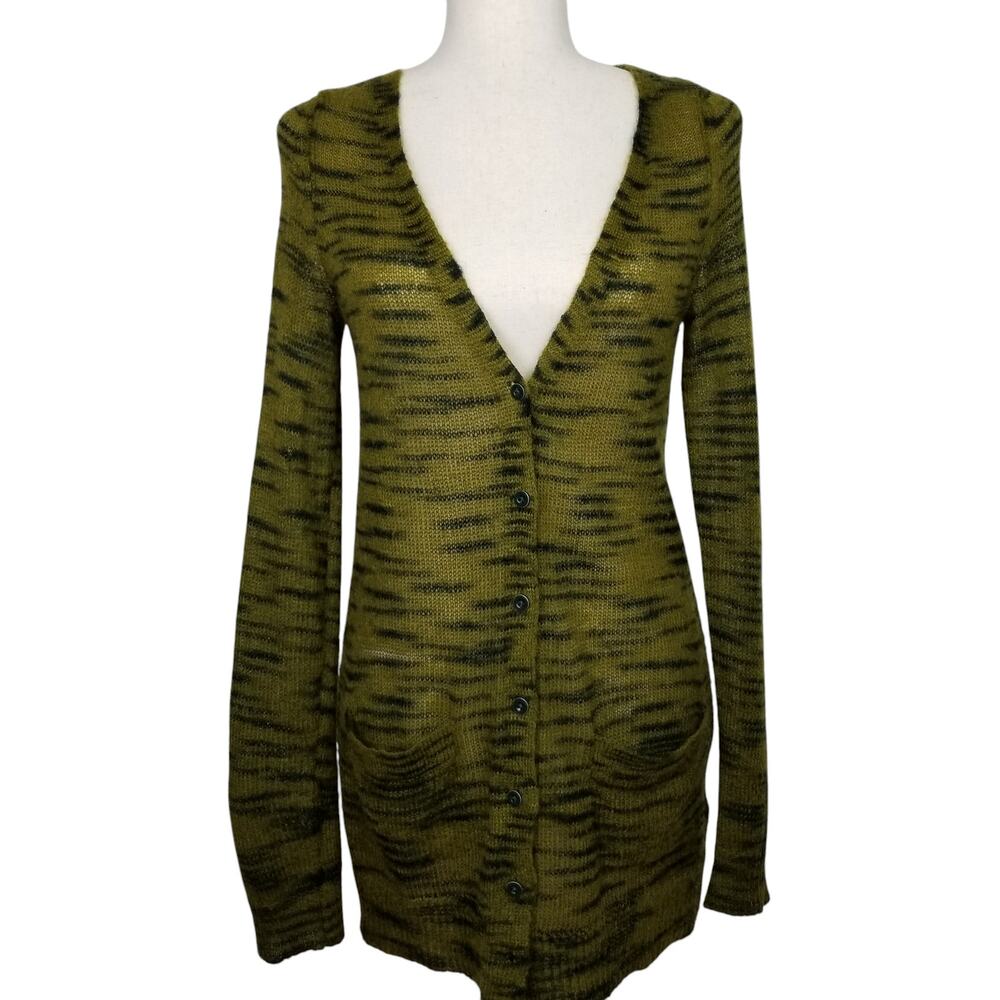 Free People FP BEACH Moss Green Mohair Tiger Stripe Cardigan Size M